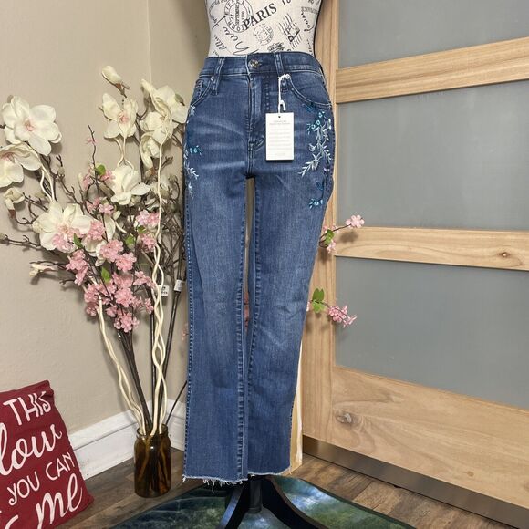 J Crew Flower Embroidered Blue Jeans Mid Rise Medium Wash Raw Hem Size 25 - Picture 1 of 8